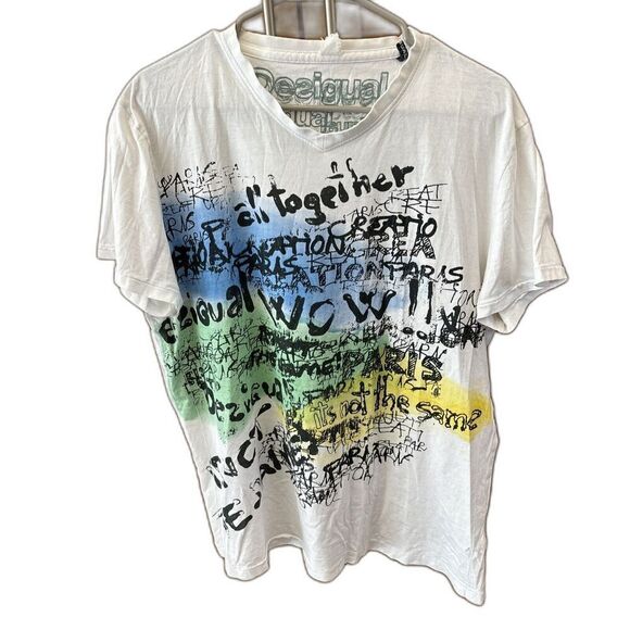 Desigual t shirt Men White XL Street Art Print Graffiti Viscose Colorful - Picture 2 of 12